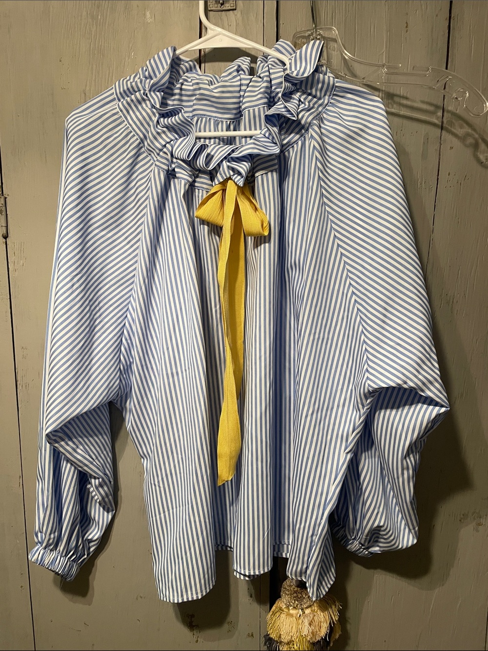 Blue & White Striped Ruffle Neck Blouse with Yellow Tie
